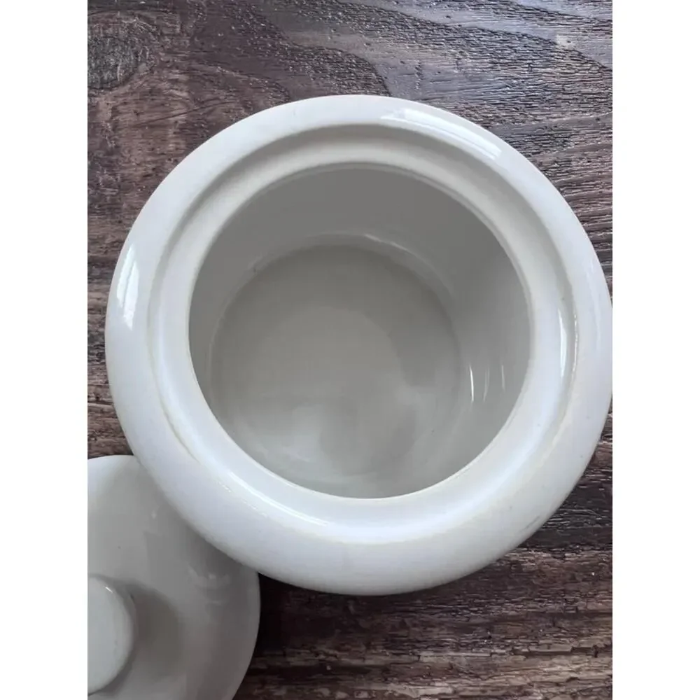 Vintage Lillian Vernon Covered Stoneware Jar, Blue White Cottage Canister